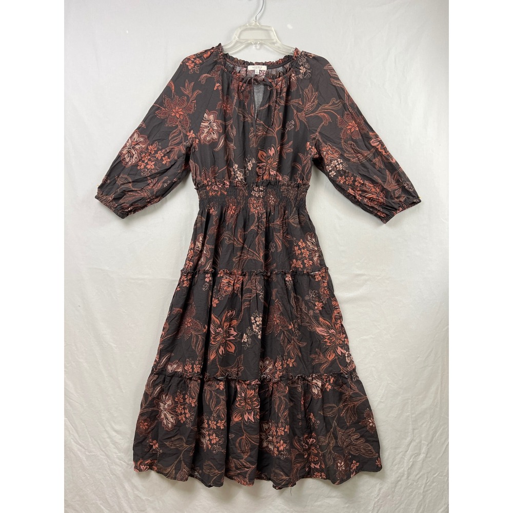 Angels Forever Young Midi Dress Womens Large Brown Floral Smocked Tiered Boho